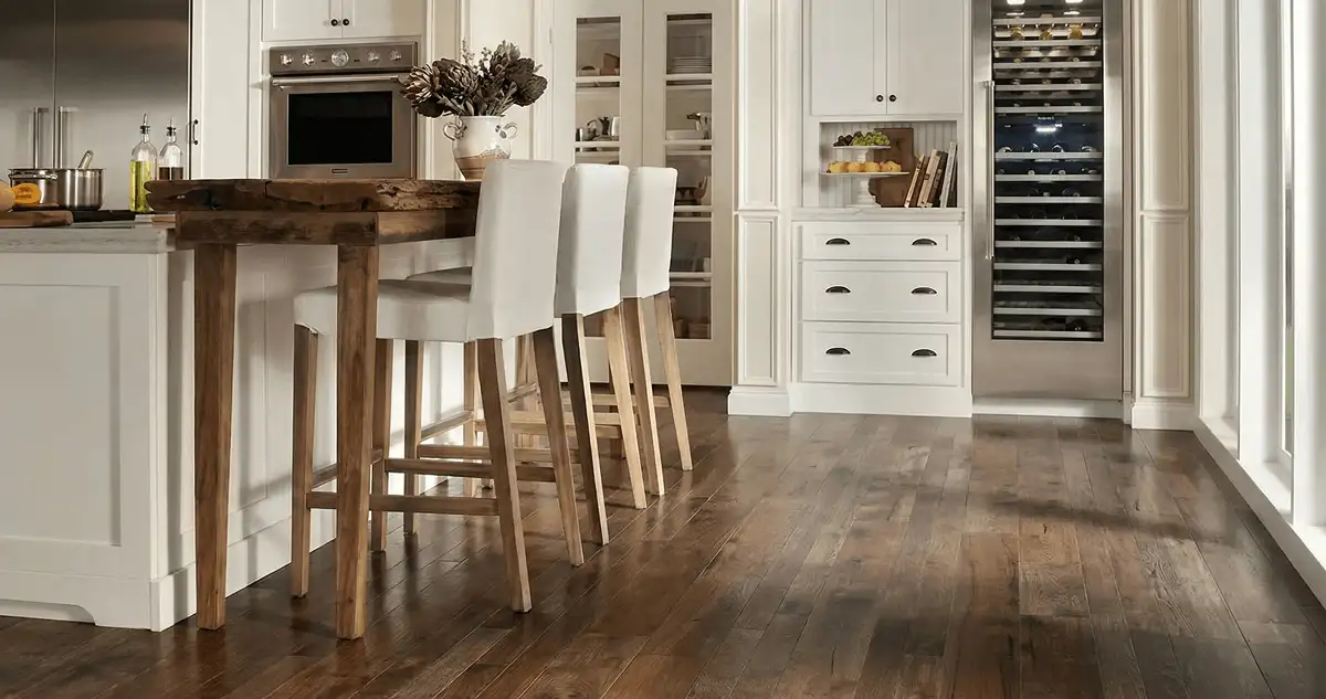 Professionally installed and refinished hardwood flooring in a residential home, showcasing smooth finish and natural wood tones in Henderson, NV
