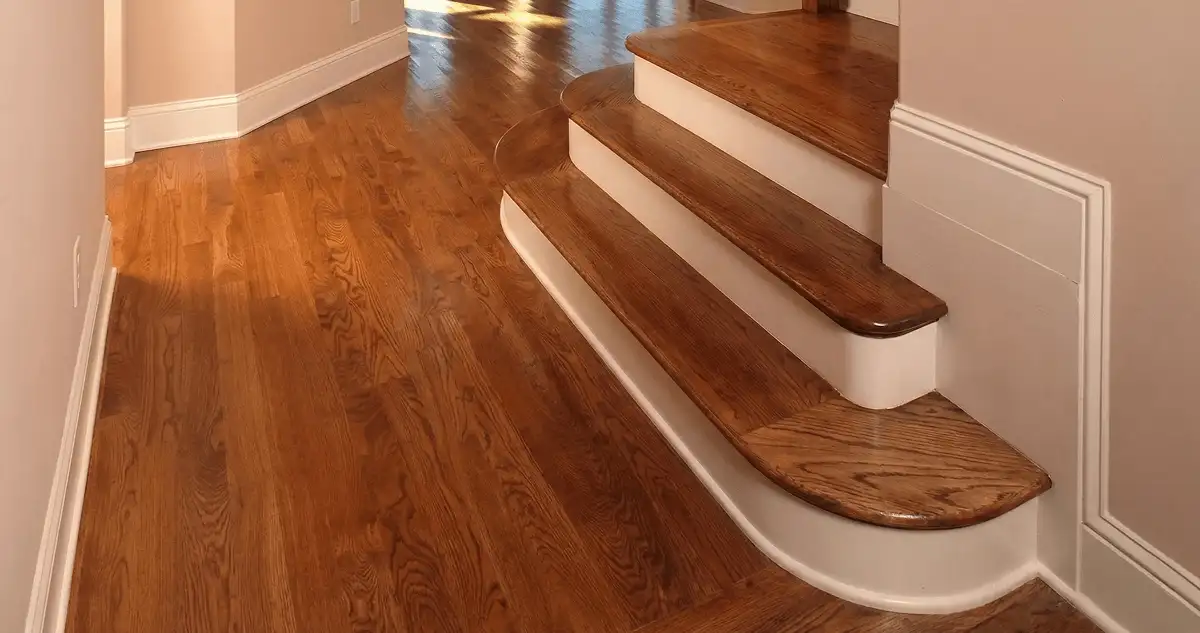 Base floor of a staircase with professionally restored wood flooring in Henderson NV