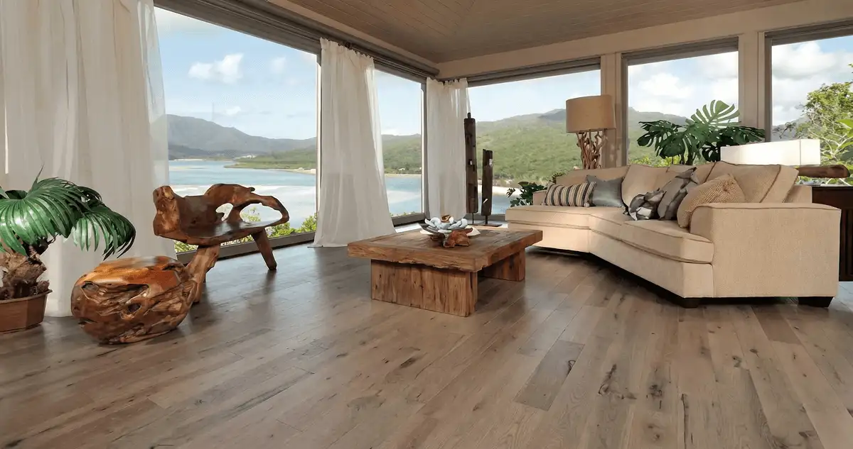 Professionally installed vinyl flooring in a modern living room with large windows in Henderson, NV